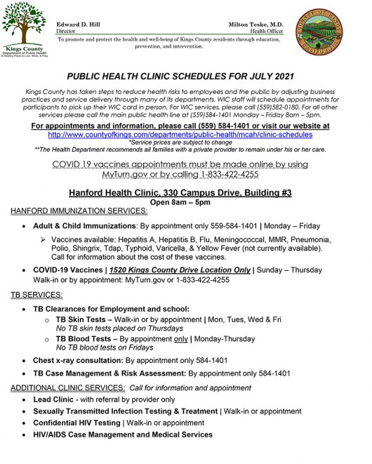 Kings County Public Health Schedules for July 2021